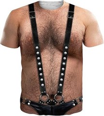 3D Graphic T-Shirt Funny Hairy Chest Fetish Leather Mankini Fake Hairy Chest
