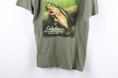 Vintage 80s Cabelas Mens Large Faded Spell Out Bass Fishing T-Shirt Olive Green