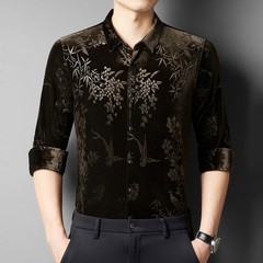 Men Velevt Blouse Shirts Tops Floral Printed Plush Casual Formal Cardigan M-3XL