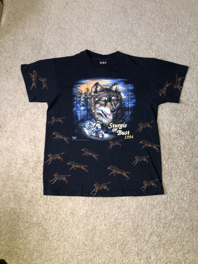 Large Sturgis 1994 – 3D Emblem brand – Biker/wolf T-shirt￼