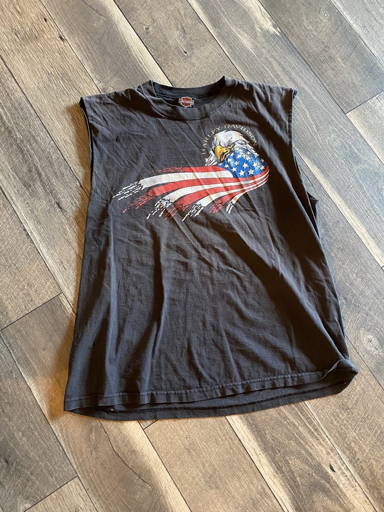 VTG 90s Harley Davidson Motorcycle T-Shirt XL Sleveless American Eagle Hawk Eye