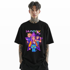 HUNTRX Anime Graphic T-Shirt – Cute KPOP Inspired Cartoon Girls & Cat Tee A275