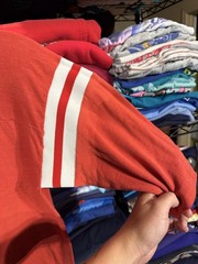 Striped Varsity Football V-Neck Shirt Mens medium Red Made USA Jersey Tee Top