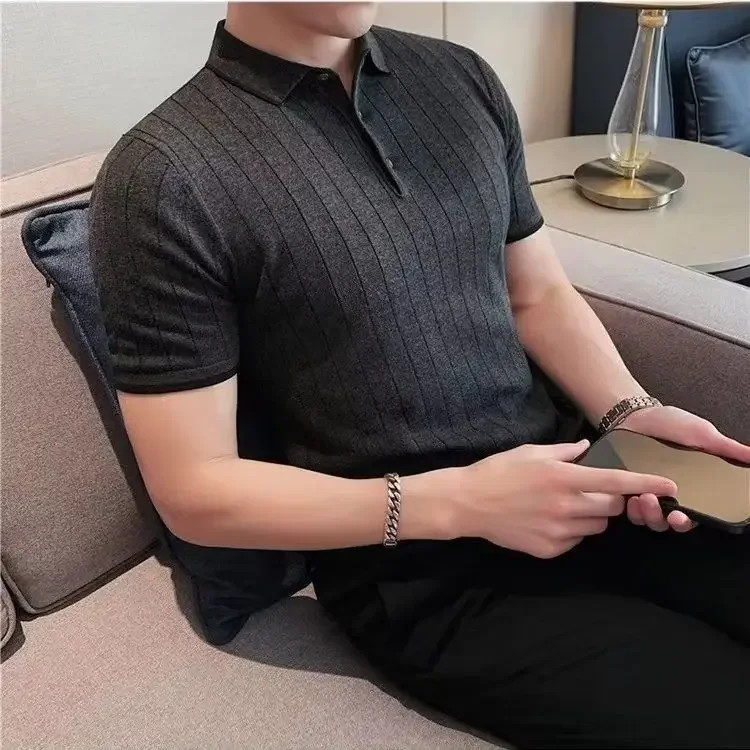 Plain Striped Black Male Polo Shirts Skinny Short Quarter Sleeve Casual Party Ch