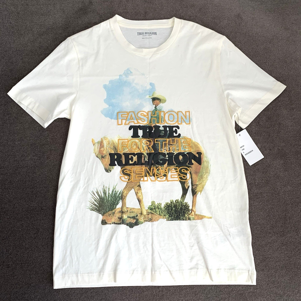 True Religion Mens T-Shirt Size Small Cowboy Graphic Print Embroidered Beige