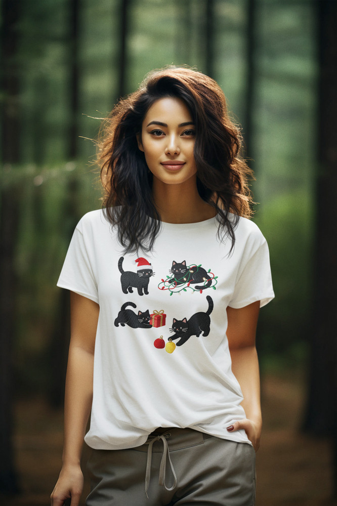 Funny Christmas Cats T-Shirt Black Cat Lights Gift Ornament Holiday Cotton Tee N