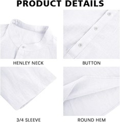 Men’s Casual Linen Cotton 3/4 Sleeve Henley T-Shirt – Lightweight Summer Top