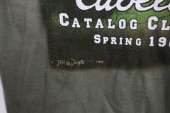 Vintage 80s Cabelas Mens Large Faded Spell Out Bass Fishing T-Shirt Olive Green