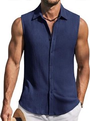 Men’s Summer Sleeveless Knit Tank Top Button Up Casual Beach Vacation Shirt