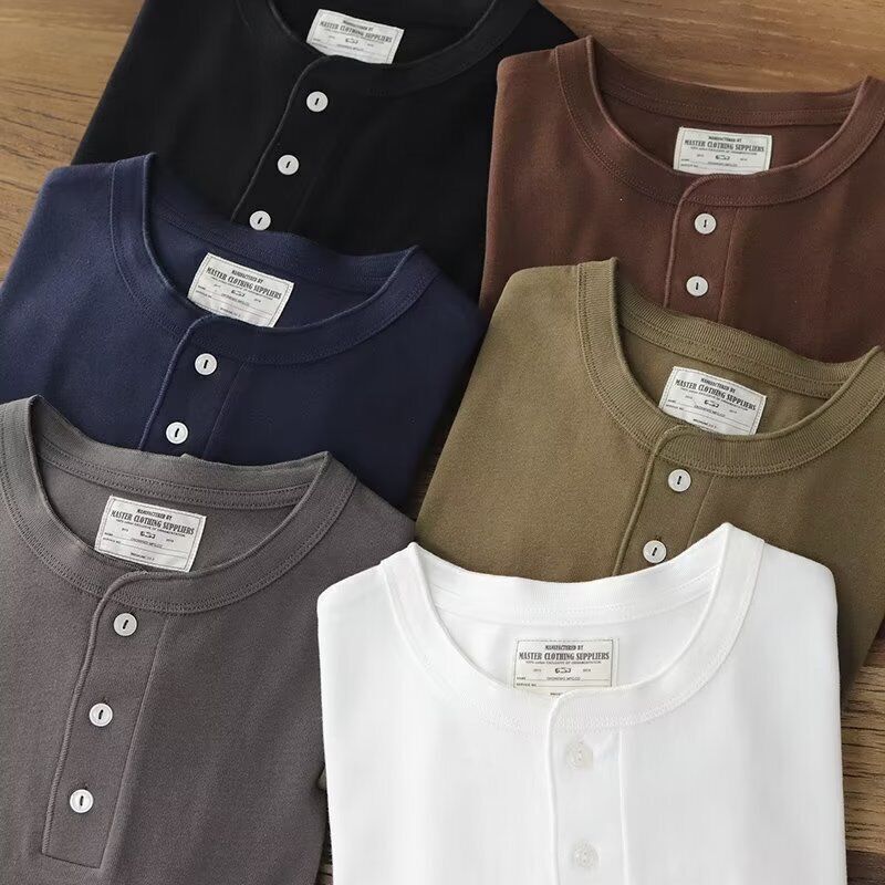 Vintage Men Long Sleeve Henry T-Shirt Pure Color Cotton Shirts Casual Tops