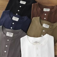 Vintage Men Long Sleeve Henry T-Shirt Pure Color Cotton Shirts Casual Tops