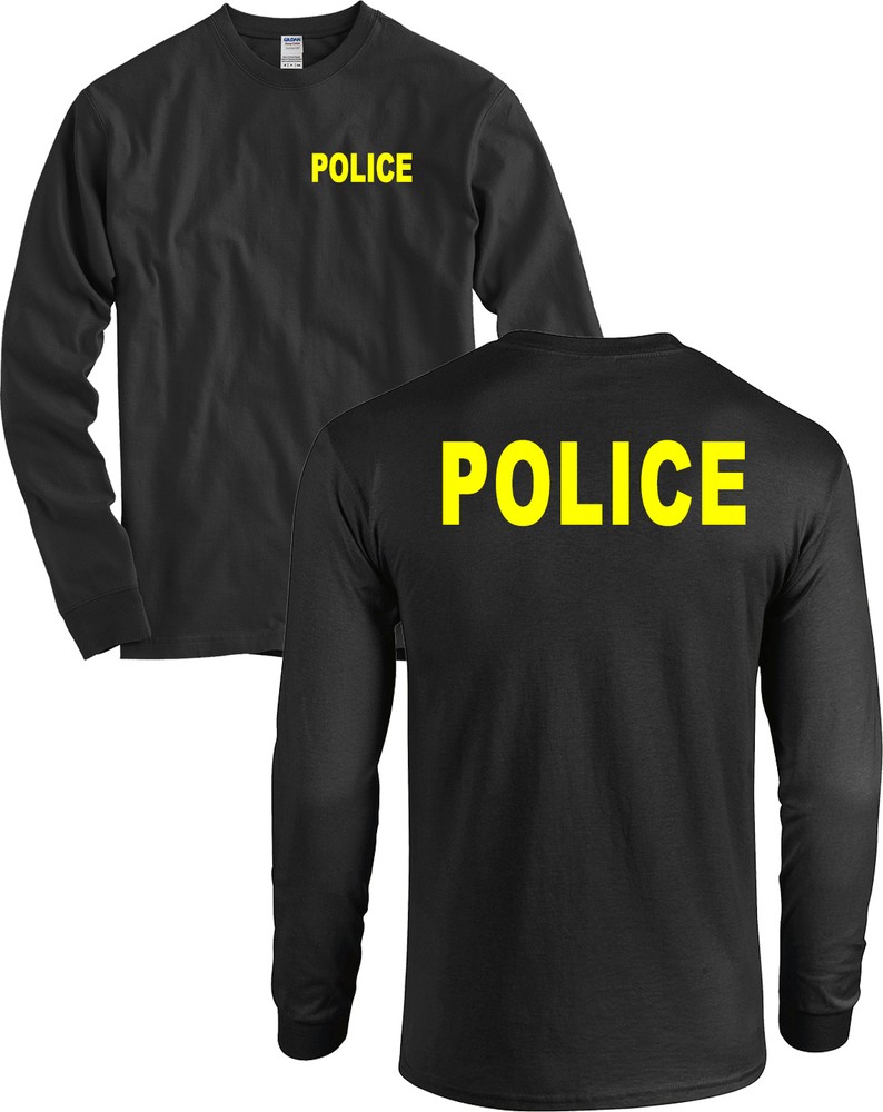 POLICE Front and Back Long Sleeve Shirt Huge NEON YELLOW LETTERS Black – NEW