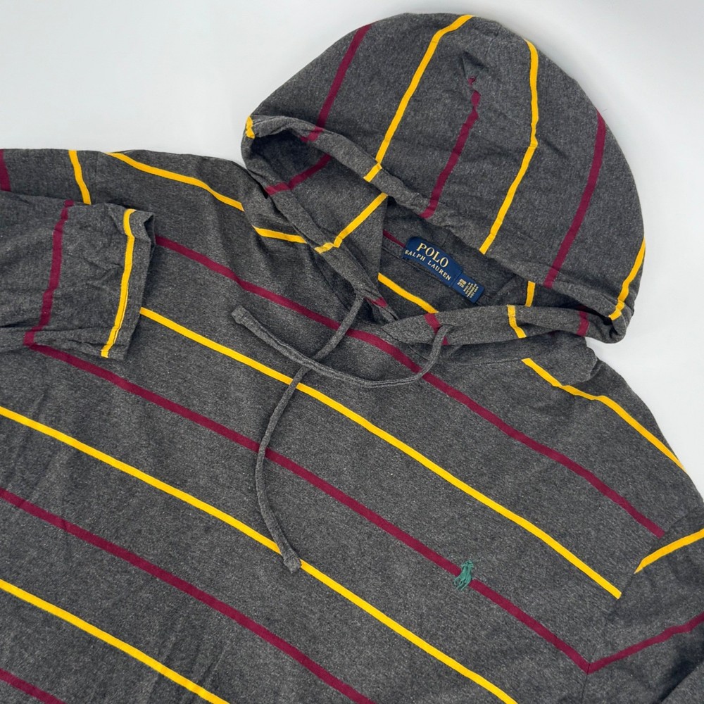 Polo Ralph Lauren Mens 2XB Grey Striped Long Sleeve Hooded T-Shirt Pony Logo