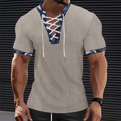 Men’s Short Sleeve Fashion T-Shirt Classic Casual Slim Laceup Shirts *