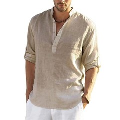 Men’s Cotton Linen Henley Long Sleeve Shirt Casual Beach T-shirt Tee Summer Gift