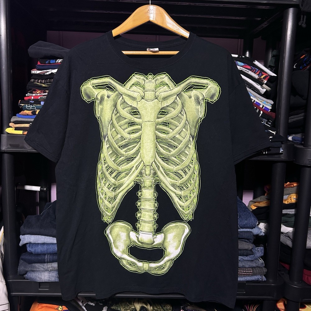 Y2K Neon Green Skeleton Ribcage Glow In The Dark Graphic T-Shirt Size XL