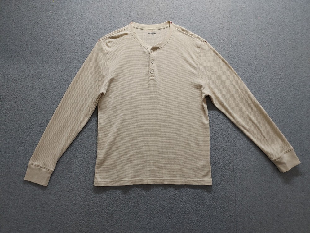 Old Navy Men Henley Shirt L Yellow Waffle Knit Long Sleeve Knit Casual Relaxed