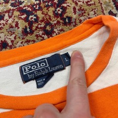 VTG Rare 90s Polo Ralph Lauren Orange White Striped Pique Cotton T-Shirt L Pony
