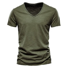 Aiopeson 100% T-shirts Cotton Men T-shirt V-neck Fashion Design Slim Fit Soild