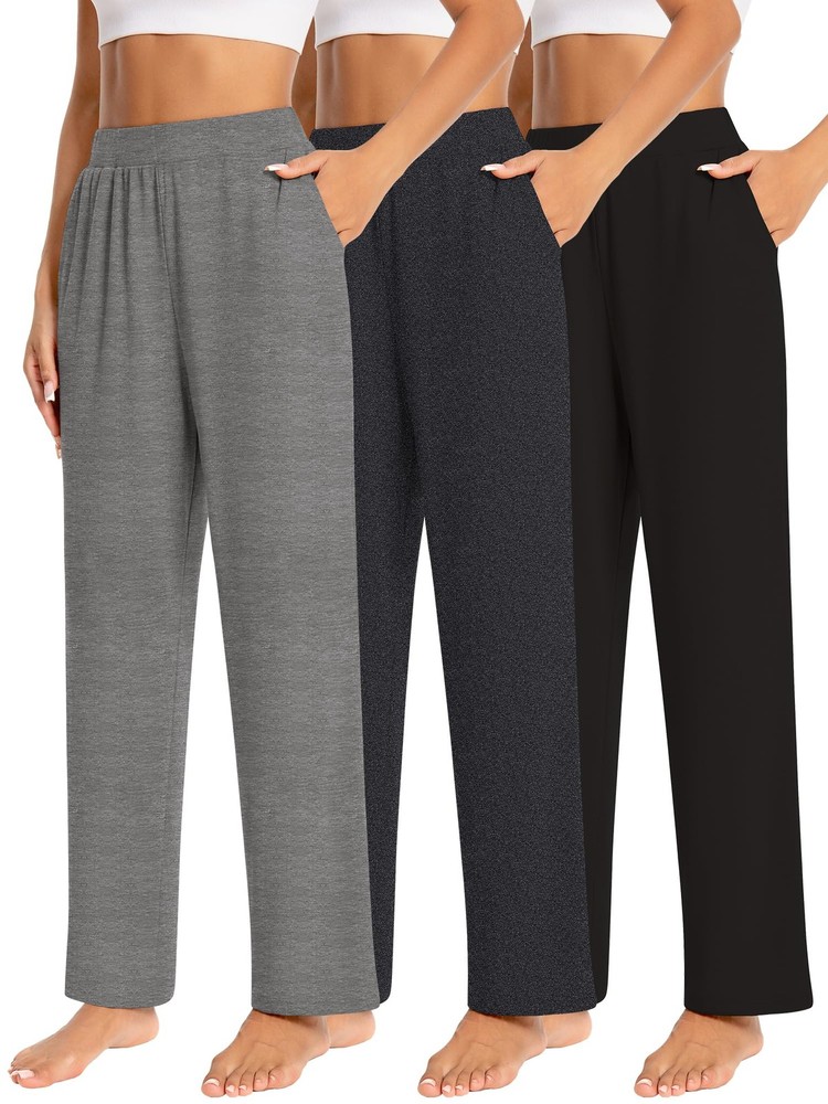 3 Pack Women’s Lounge Pants Wide Leg Sweatpants with Pockets Elastic Waist Yo…