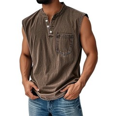 Men Sleeveless Beach Tee Hawaiian Summer Shirt Button Vest Henley Tank Tops#SML