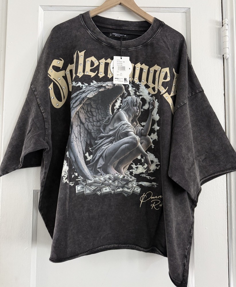 Roku Studio Fallen Angel 3XL Cropped Studded T Shirt NWT Washed Black / Gray