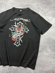 Vintage Ed Hardy By Christian Audigier Cross T-Shirt Rhinestones Y2K Black Hype