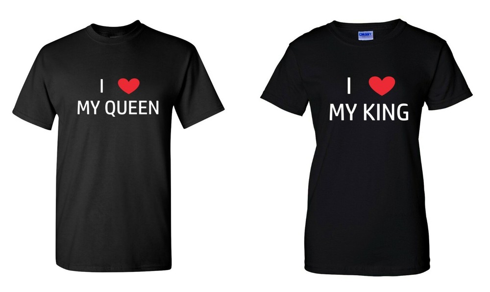 I Love My King & Queen Shirts Matching SET Couple Valentines Day Heart T-Shirts