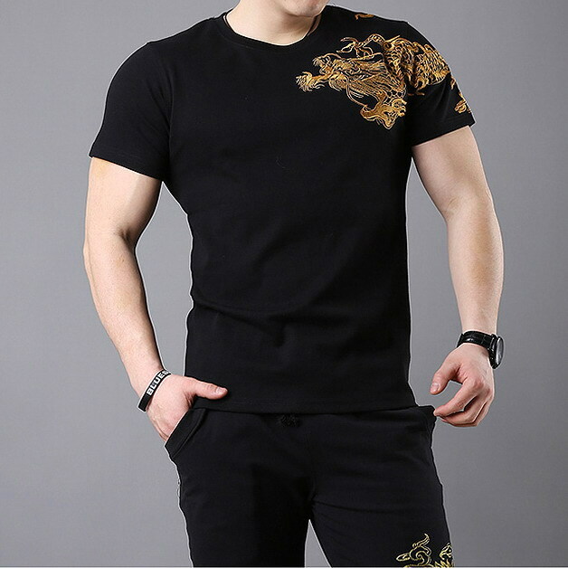 Mens Japanese Pattern Embroidery Gold Dragon T-Shirt Stretch Black Short Sleeve