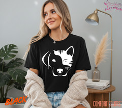 Dog and Cat Split Face T-Shirt – Minimalist Pet Lover Graphic Tee – Cute Dog Cat