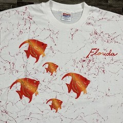 Vintage 90s All Over Print Fish Tshirt XL White Single Stitch Hand Painted VTG