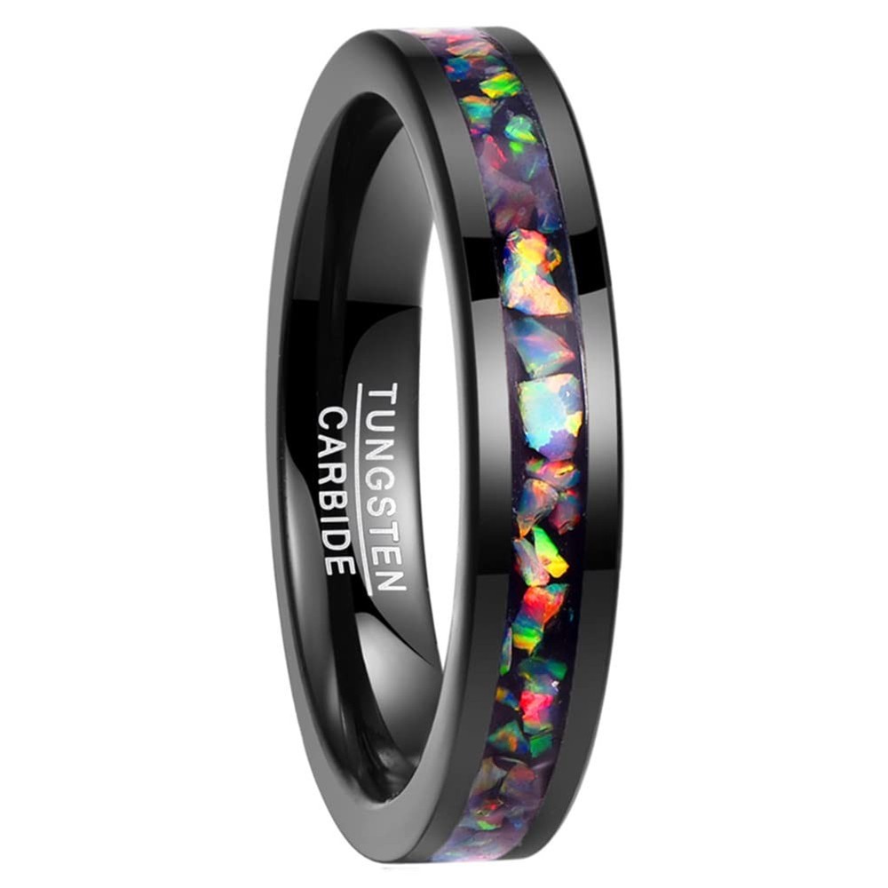 Created Opal Rings for Women 4mm Black Tungsten Wedding Engagement Bands Size…