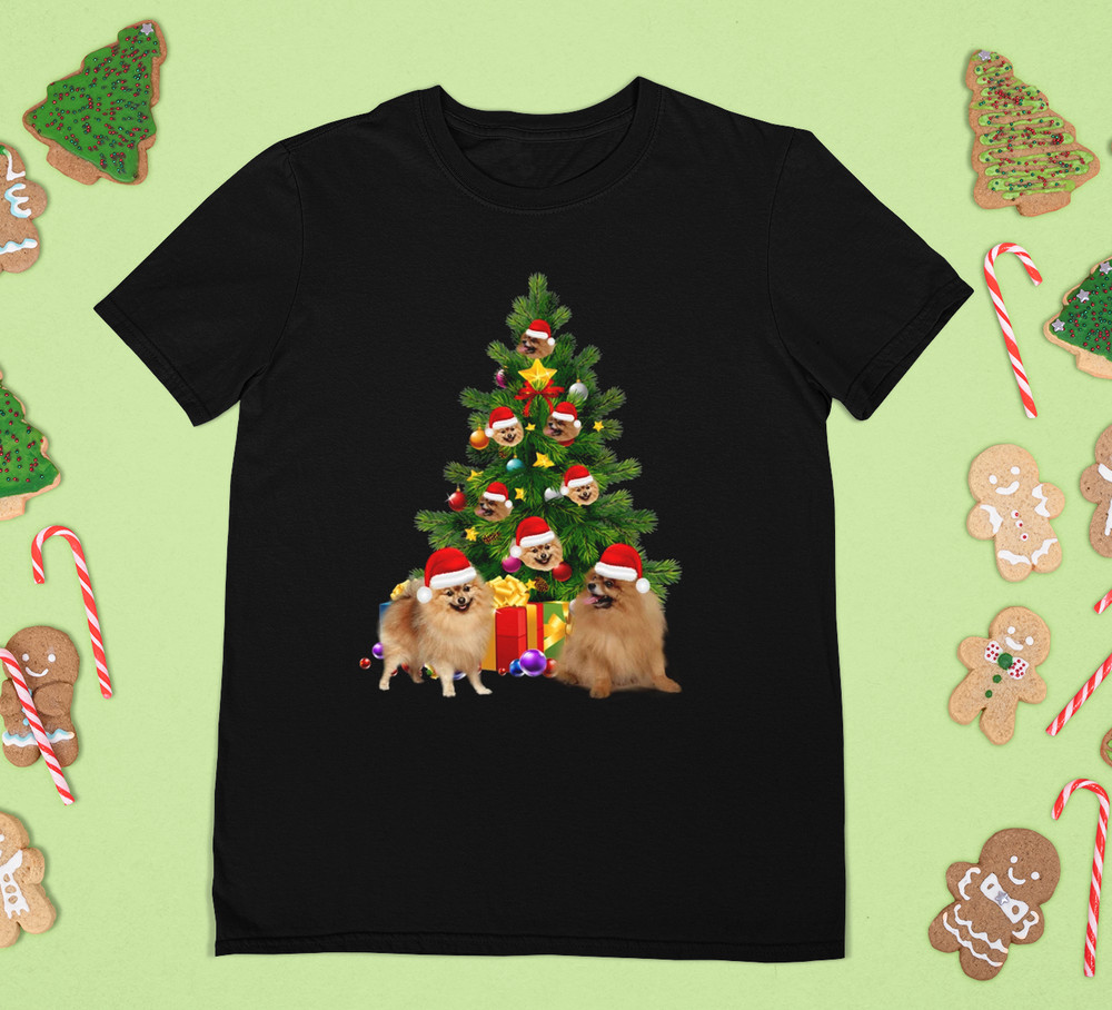 Pomeranian dog Christmas Tree T-Shirt black men All size Shirt