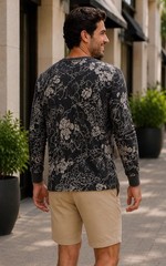 BONOBOS Henley Shirt Men XL Long Sleeve Tropic Floral Resort Weekend Casual Gray