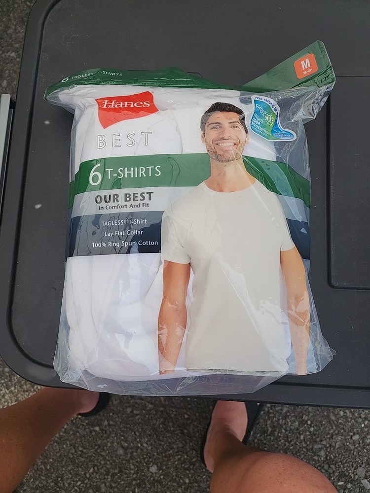 Hanes Best Tagless T-Shirt Lay-Flat Collar Tagless Cool Comfort, White, 6 Count