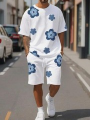 Fashion Men’s Black and White Flower Graphic Print T-shirt Shorts 2-piece Set