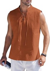 Men Cotton Linen Tank Top Sleeveless Lace Up Shirt Bohemian Beach Casual Tunic