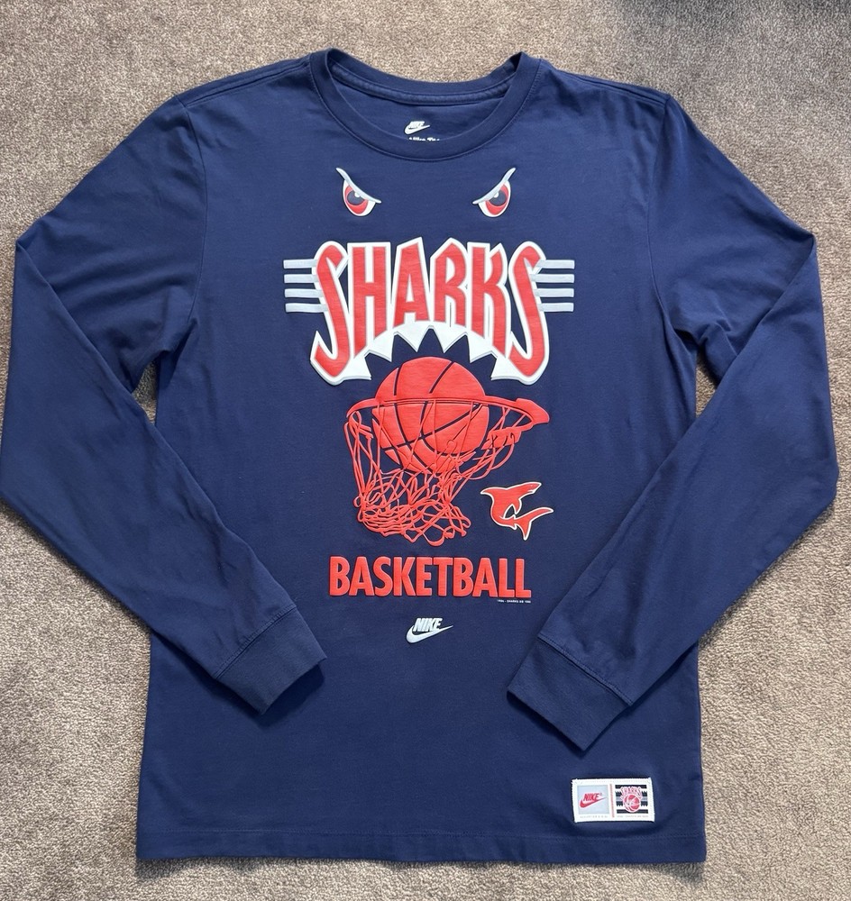 Nike Tee Shanghai Sharks Long Sleeve T-shirt Sz M Blue Embossed Print Basketball