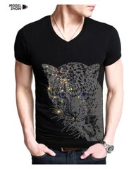 Men Fashion Diamonds T-Shirt Leopard Print Rhinestones Hot Drill Short Sleeve