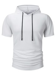 Men Summer Hoodie Short Sleeve Solid Color Loose Drawstring Pullover Top Casual