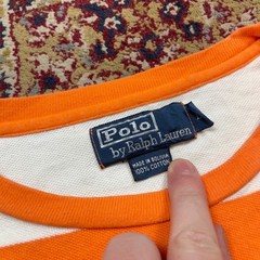 VTG Rare 90s Polo Ralph Lauren Orange White Striped Pique Cotton T-Shirt L Pony