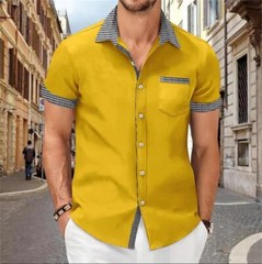 Camisa Con Botones Elegante De Manga Corta Para Hombres Sólida Cuello Levantado