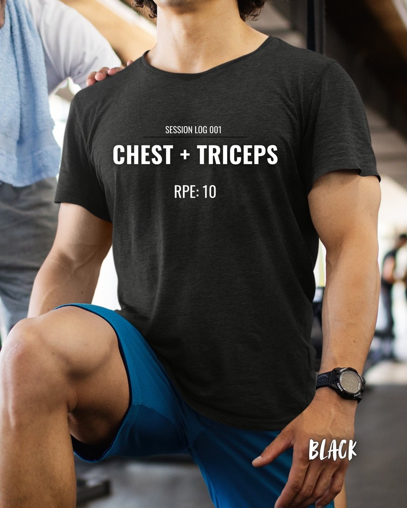 Training Log Chest and Triceps T Shirt, Mens Gym rat workout shirt