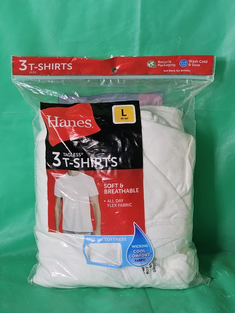 ***3 Men’s Tagless Cotton Hanes Crew Neck Tee T-Shirts (Size: Large 42-44″)