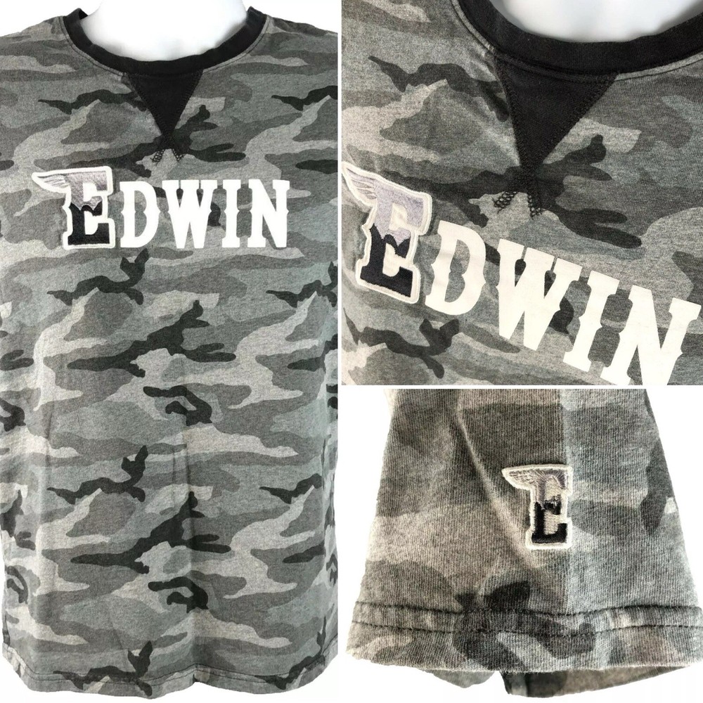 Edwin Jeans Japan Mens T-Shirt size Small Gray Camo V-Stitch Collar Embroidered