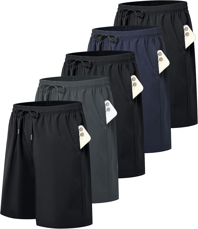 Kinglaman 5 Pack Mens Athletic Gym Workout Large, 3 Black 1 Blue 1 Gray