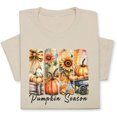 Pumpkin Season Print Shirt, Fall Tee with Sunflowers & Cart