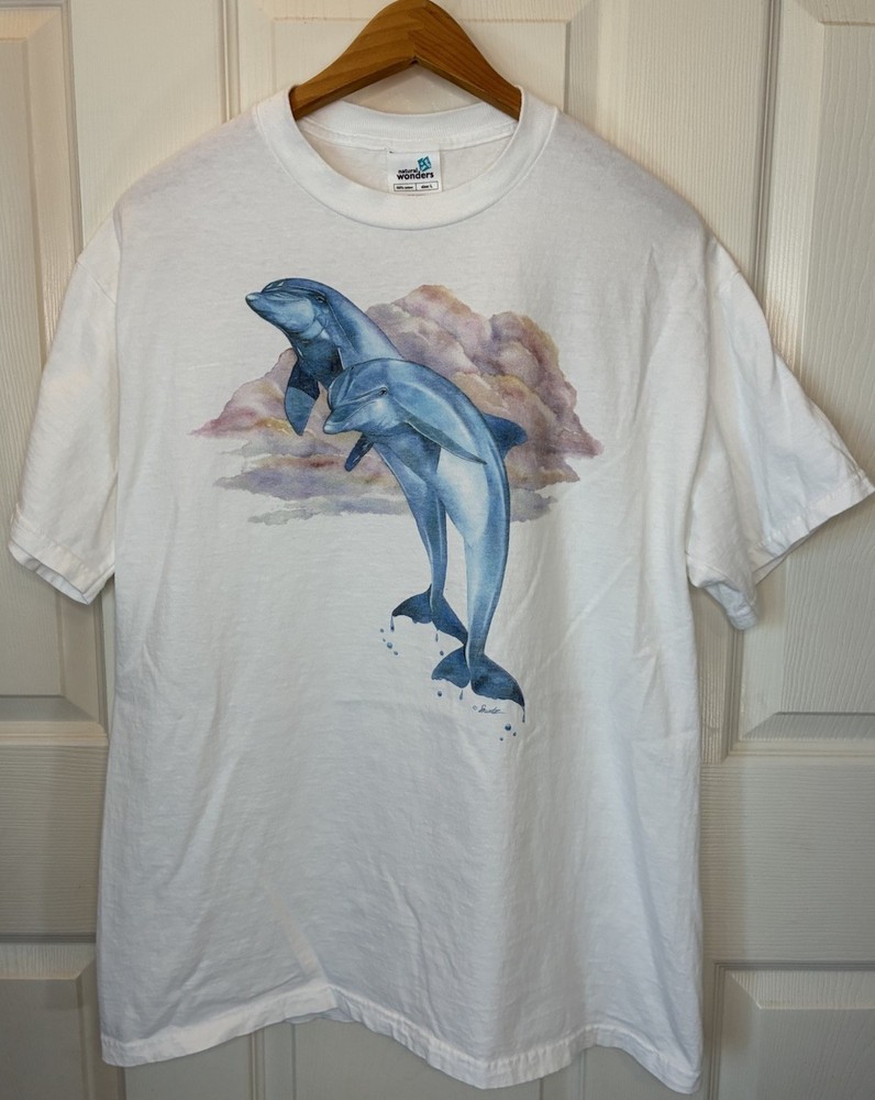 Vintage 90s Natural Wonders Leaping Dolphins White Adult L 100% Cotton Shirt USA