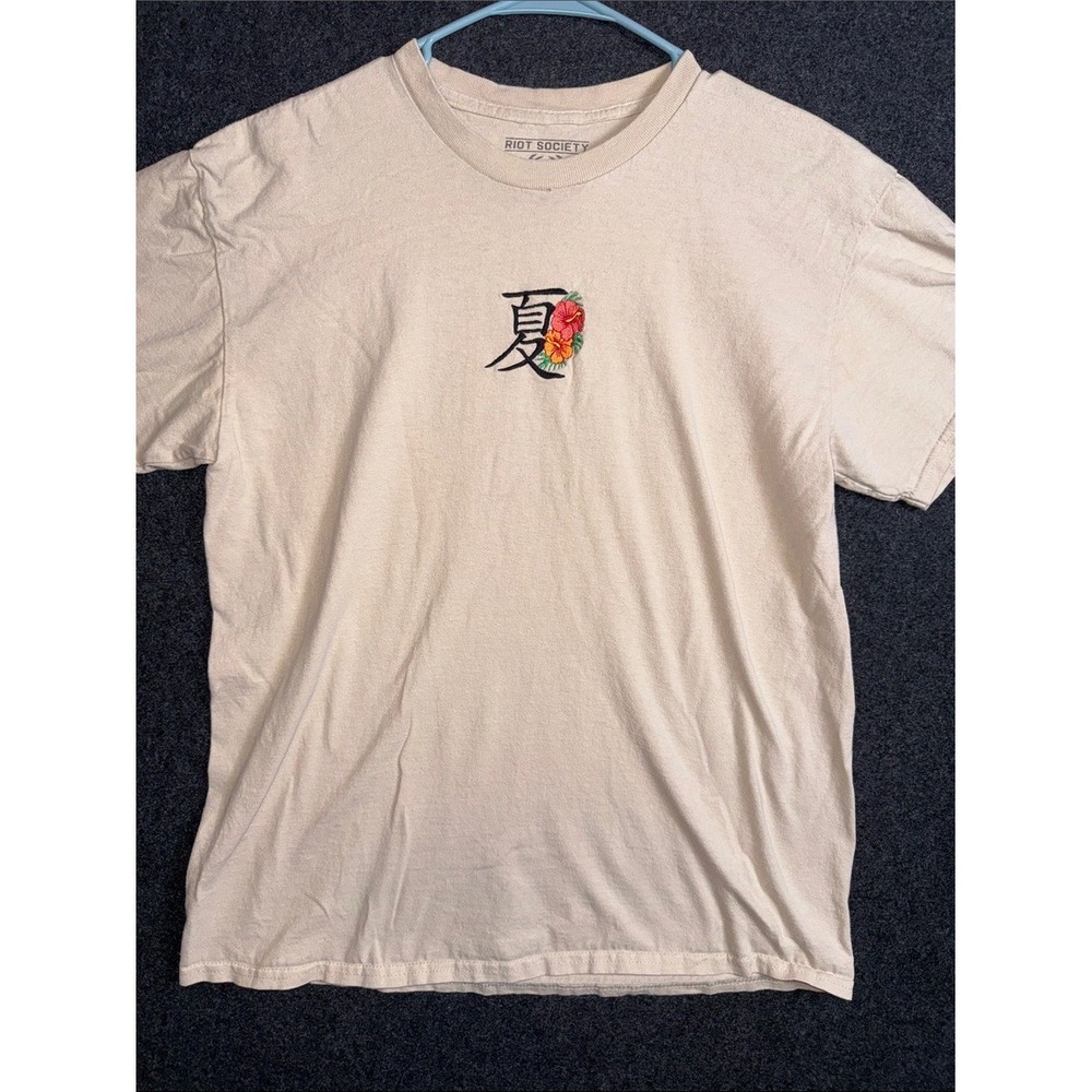 riot society Cream Tee with Embroidered Floral Kanji