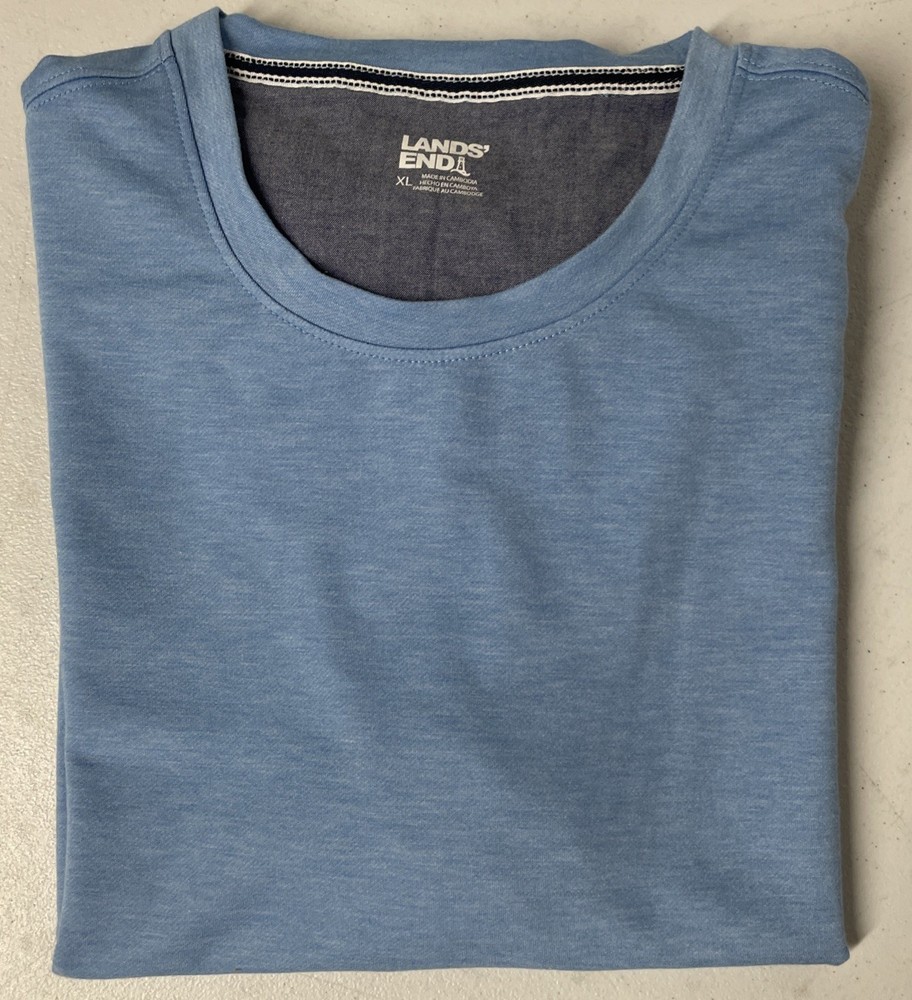 Lands End Mens Classic Fit 4-Way Stretch Tee Shirt BLUE Crewneck XL Short Sleeve